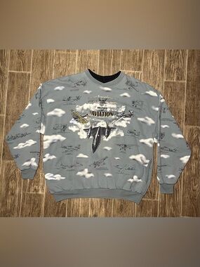 Vintage 90s Art Unlimited Crewneck Sweatshirt History Of Aviation Blue Men’s 2XL